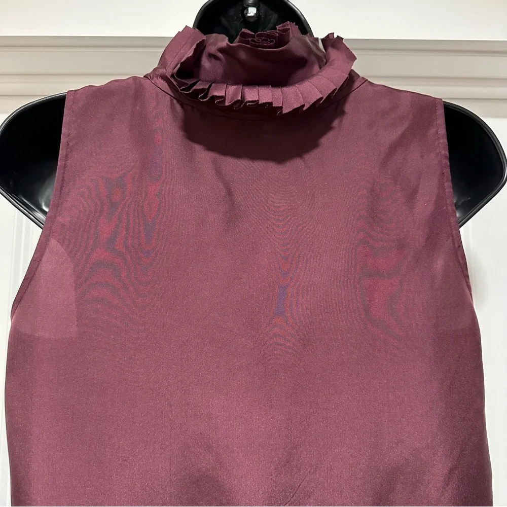 J.Crew Silk Sleeveless Ruffle Pleat Front Blouse Burgundy Wine Size 2